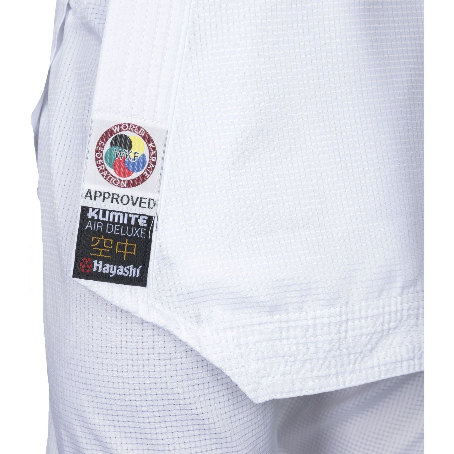 Kimono de karaté Hayashi Air Deluxe - blanc et bleu - vue détaillée de l'étiquette