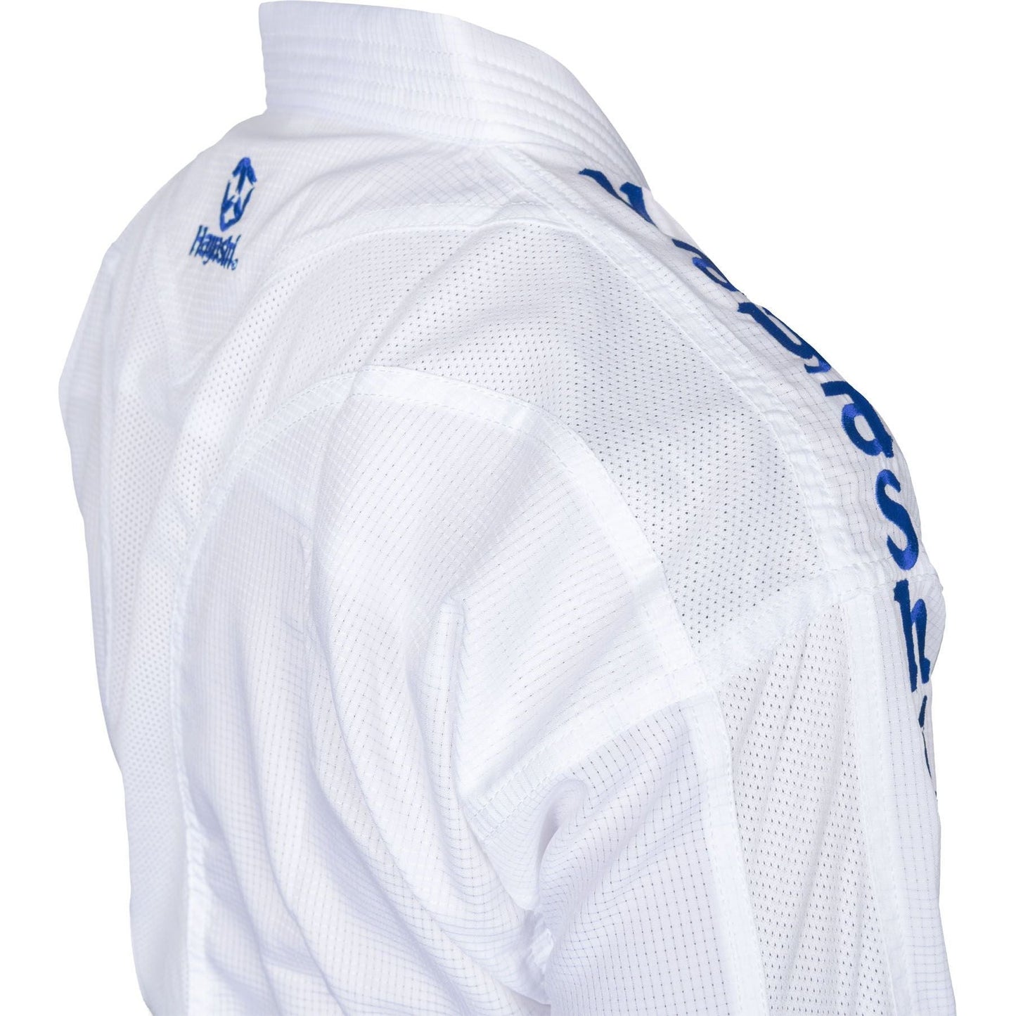 Kimono de karaté Hayashi Air Deluxe - blanc et bleu - vue latérale du produit